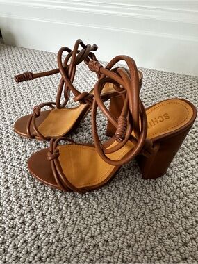 Schultz cognac ankle lace black heel sandals 7